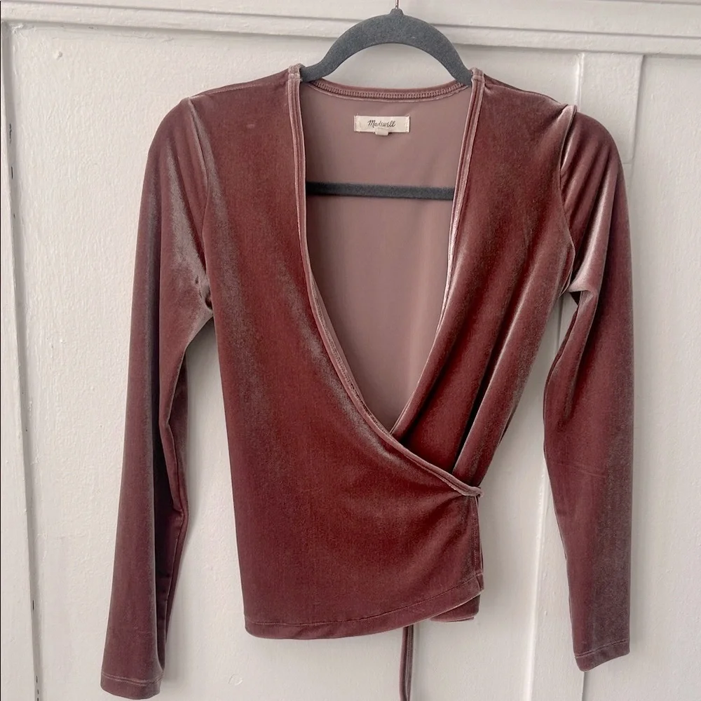 Madewell Velvet Ballet Wrap Long Sleeve Top in Rust XXS